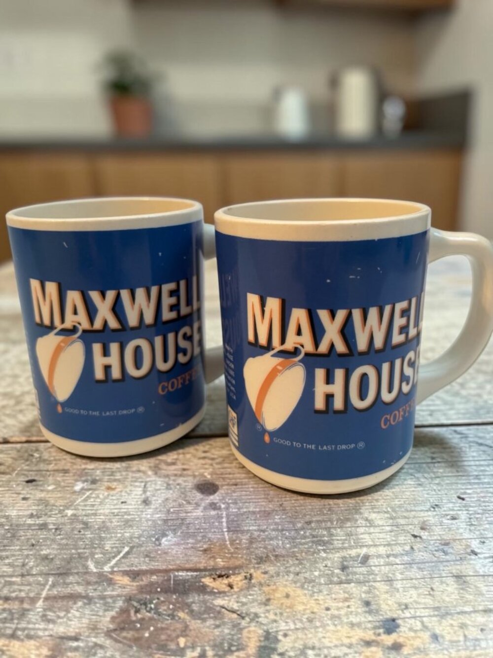 Maxwell House Coffee Mugs Vintage Blue "Good To The Last Drop" Ceramic Set Of 2